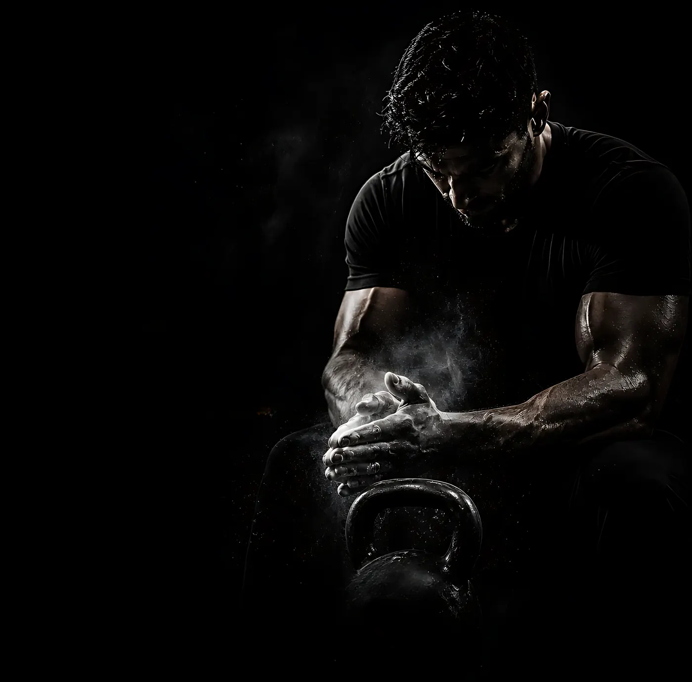 Athlete chalking his hands over a kettlebell