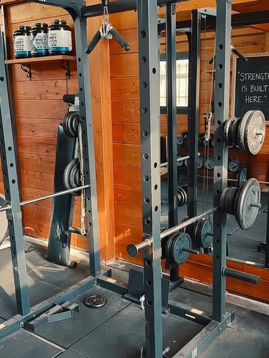 Power racks, plates and dumbbells in a wood-panelled gym